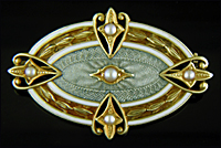 Edwardian guilloche enamel and pearl brooch. (J9413)