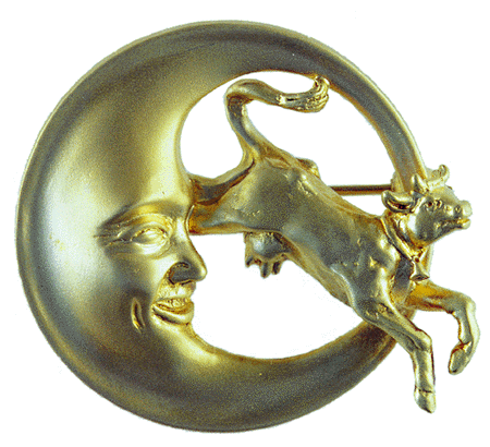 Gold brooch of cow jumping over the moon.