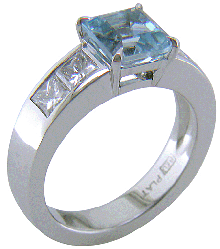 Aquamarine and Diamond handcrafted platinum ring.