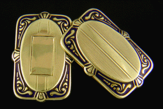 Antique gold cufflinks with blue enamel tracery. (J8533)