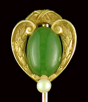 Hans Brassler jade and pearl stickpin. (J9414)