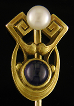 Brassler Sapphire and Pearl stickpin. (J9092)