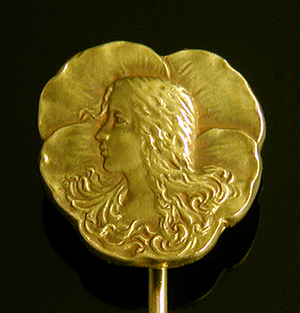 Carter, Howe Art Nouveau stickpin of woman and pansy. (J9166)