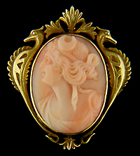 Art Nouveau coral cameo of Diana set in 14kt gold brooch (J5269).
