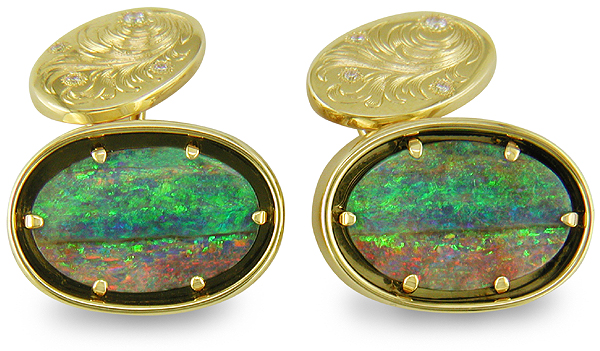 Custom Boulder Opal and Diamond Cufflinks in 18kt Yellow Gold from Bijoux Extraordinaire,  the custom cufflink experts