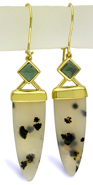 Dendritic Agate and Green Tourmaline dangle earrings hand crafted in 18kt yellow gold. (J5720)