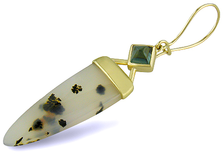 Dendritic Agate and Green Tourmaline dangle earrings hand crafted in 18kt yellow gold. (J5720)