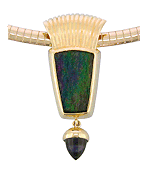 Rainbow Hematite pendant with an Iolite drop crafted in 18kt gold.