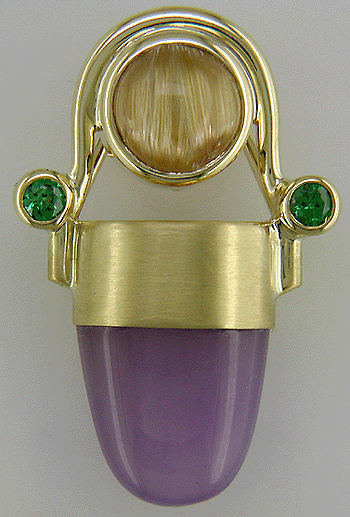 18kt gold pendant featuring holly chalcedony, rutilated quartz and tsavorite garnets.