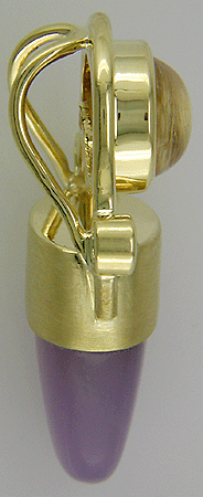 Side view of 18kt gold pendant with holly chalcedony, rutilated quartz and tsavorite garnets