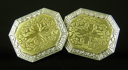 JR Wood elegantly engraved platinum and gold cufflinks. (J9367)