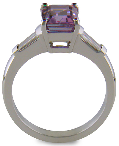 Lavender Sapphire set with tapered baguette diamonds in a handcrafted platinum ring. (J8527)