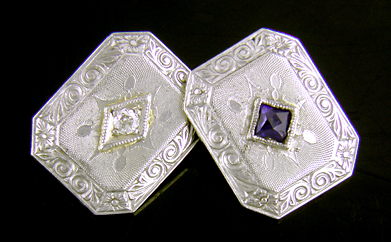 Elegantly engraved sapphire and diamond cufflinks. (J9039)