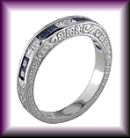 Striking platinum band set with princess-cut diamonds and sapphires.