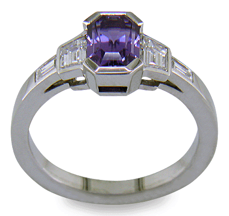 Purple sapphire and diamond handcrafted platinum ring. (J7264)