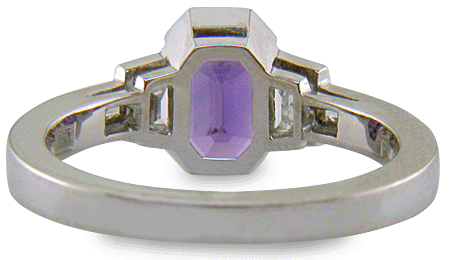 Inside view of Purple sapphire and diamond handcrafted platinum ring.