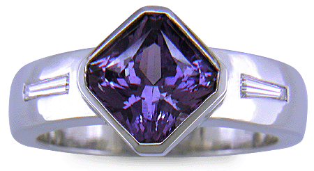 Purple sapphire and diamond handcrafted platinum ring.