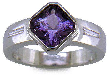 Purple sapphire and diamond handcrafted platinum ring.