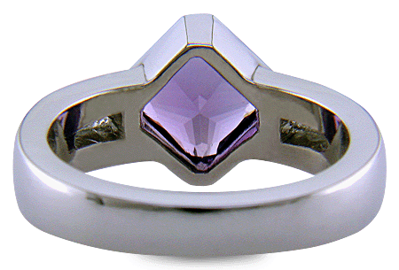 Inside view of Purple sapphire and diamond handcrafted platinum ring.