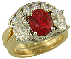 Red Spinel trellis ring with contoured diamond band.