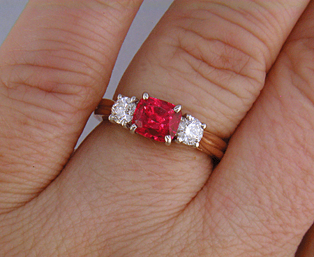 Red Spinel trellis ring set with diamonds. (J7243)