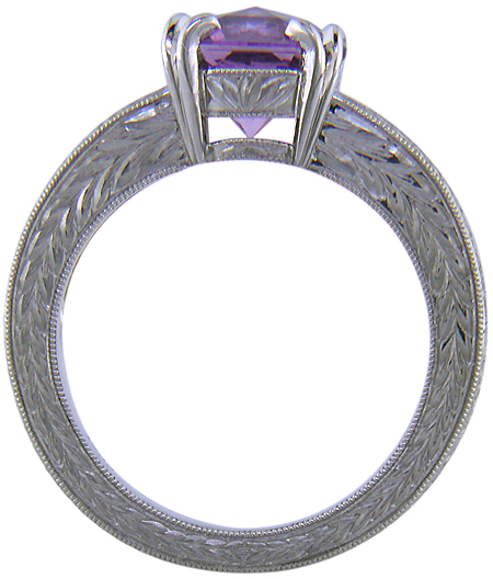 Lavender spinel set with sparkling lilac sapphires in a beautifully hand-engraved platinum ring.