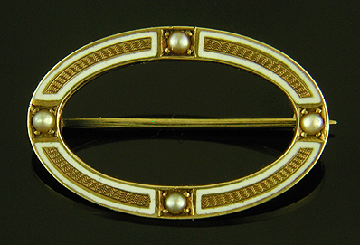 Riker Bros. oval pearl-and-emamel brooch. (BR9554)