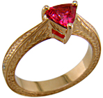 Hand engraved rose gold ring with a trillium red spinel. (J6650)