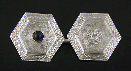 Elegantly engraved sapphire and diamond cufflinks. (J7443)