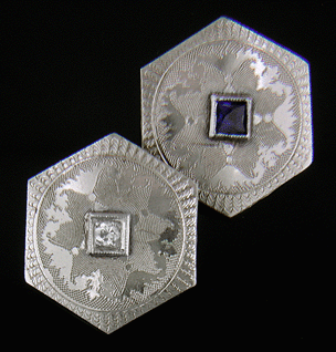 Elegantly engraved sapphire and diamond cufflinks. (J8723)