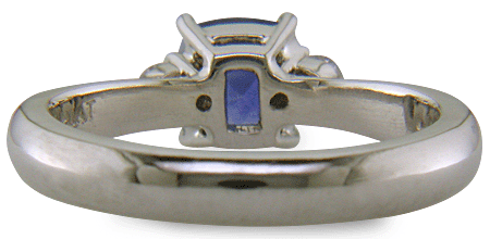 Square Cushion-cut Sapphire set with two round diamonds in a handcrafted platinum ring. (J8599)