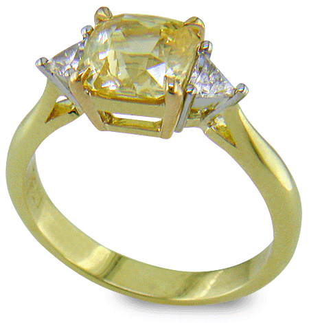 square-radiant-cut Yellow Sapphire set with two brilliant-cut diamonds in a handcrafted 18kt gold and platinum ring. (J8711)