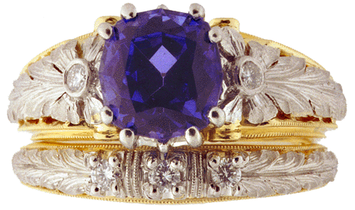 Matching tanzanite ring and gold and platinum band.