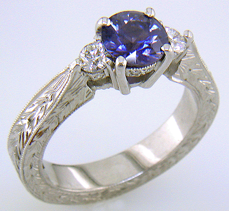 Violet Sapphire Set In Hand-Engraved Platinum Ring - Bijoux Extraordinaire