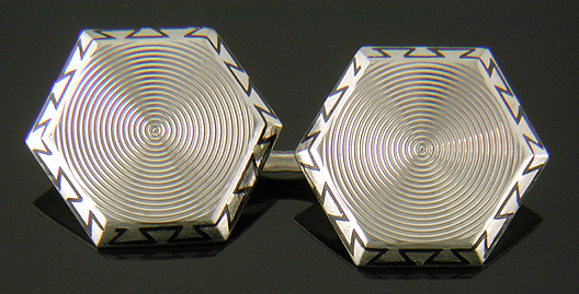 Wordley, Allsopp & Bliss white gold and black enamel Art Moderne cufflinks. (J9115)