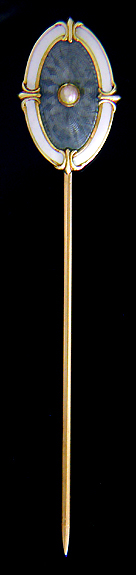 Edwardian guilloche enamel and pearl stickpin. (J9108)