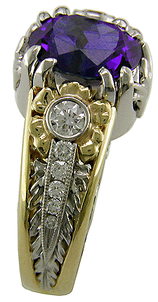 Side view of tanzanite ring with channel-set diamonds.