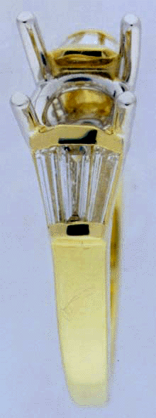 Yellow Gold engagement setting with tapered baguette diamonds.