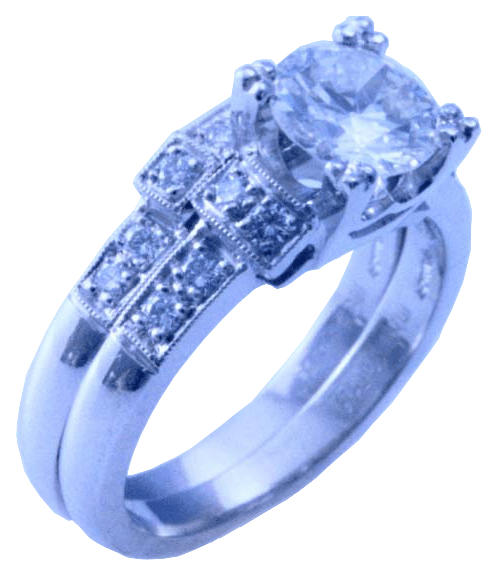 Platinum engagement ring and wedding band with diamonds.