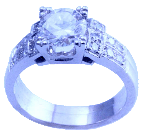 Side view of platinum engagement ring and wedding band.