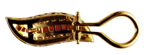 Rear view of ruby, diamond and 18kt gold earrings.
