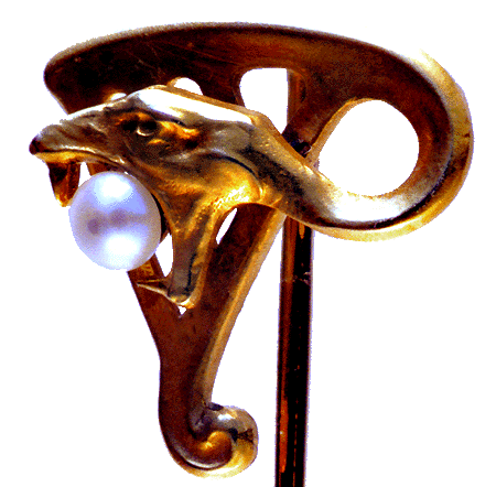 Art Nouveau serpent stickpin with pearl.